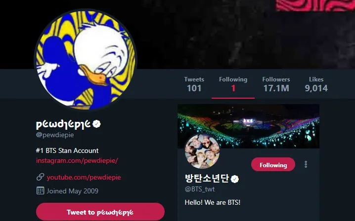 Tampilan Twitter youtuber Pwediepie © Twitter