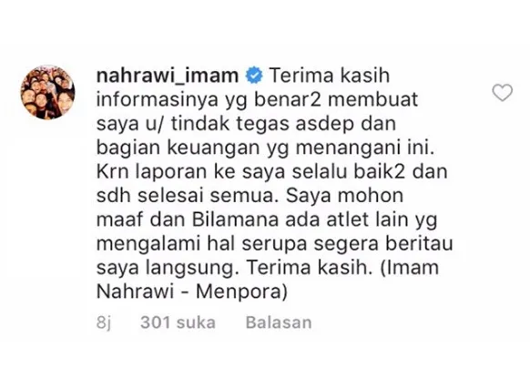 Imam Nahrawi menanggapi curhatan Eki lewat kolom komentar © instagram.com/Nahrawi_Imam