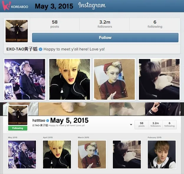 Tao menghapus nama EXO di profil Instagram miliknya. ©Koreaboo.com,
