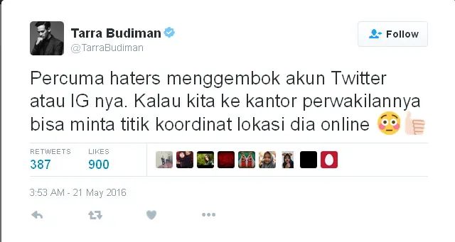 Tarra Budiman beri peringatan buat haters © Twitter.com/tarrabudiman