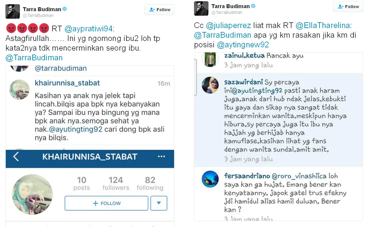 Tarra Budiman marah Ayu Ting Ting jadi bahan bully haters © Twitter.com/tarrabudiman