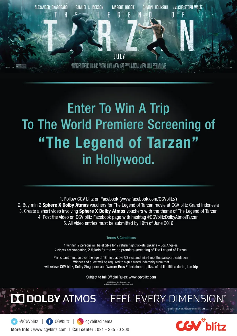 Mau nonton langsung World Premiere THE LEGEND OF TARZAN di Hollywood? Kalau begitu jangan lewatkan kesempatan emas ini KLovers © CGV Blitz