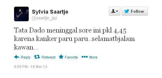 Sylvia membenarkan kabar meninggalnya Tata Dado