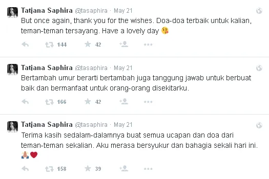 Tweet Tata menanggapi banjir ucapan ultah padanya / © Twitter