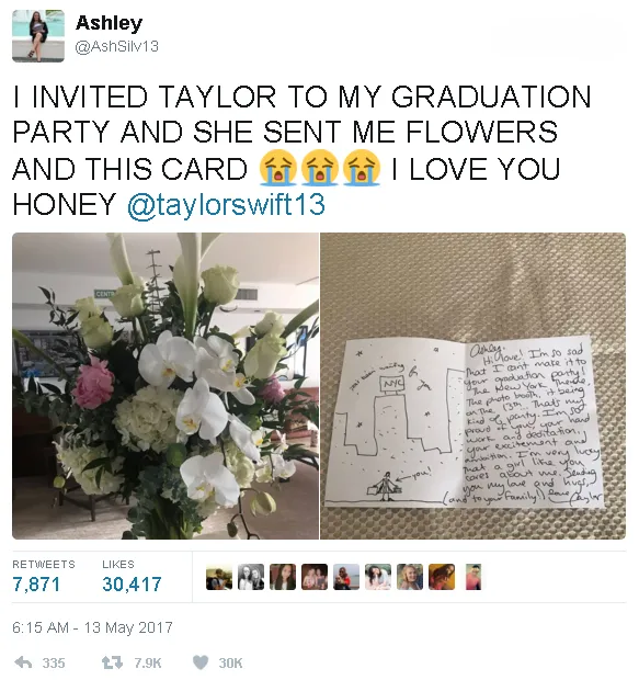 Taylor Swift kirim bunga dan notes karena tak bisa hadir ke pesta kelulusan fansnya © twitter.com/AshSilv13