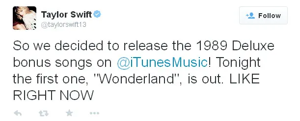 Bonus track Taylor Swift kini sudah rilis resmi di iTunes ©Twitter.com/taylorswift13