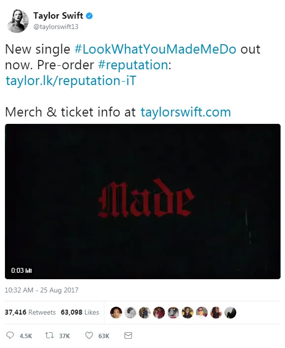 Tepati janji, Taylor Swift rilis single baru pertamanya yang berjudul 'Look What You Made Me Do' © twitter.com/taylorswift13