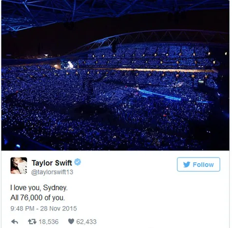 Taylor Swift senang dapat apresiasi maksimal di Sydney © twitter.com/TaylorSwift13