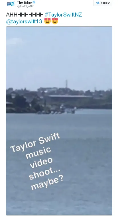 Taylor Swift diisukan tengah berada di Selandia Baru menggarap klip barunya © Twitter.com/TheEdgeNZ