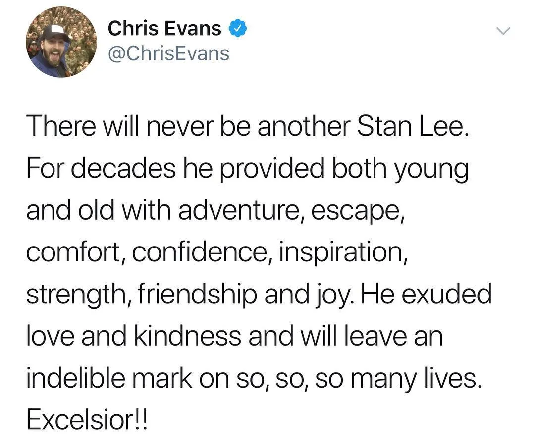 Unggahan Chris Evans di Instagram atas kematian Stan Lee. (https://twitter.com/chrisevans. Diambil 13 November, pukul 11.45 WIB)
