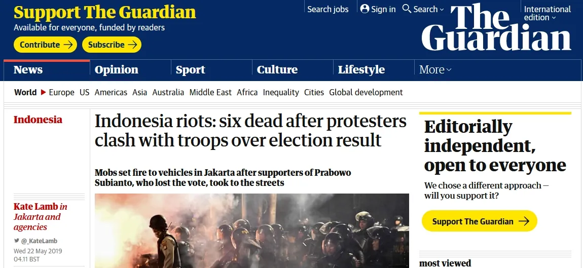 Demo Massa di Jakarta masuk pemberitaan Media Internasional © The Guardian