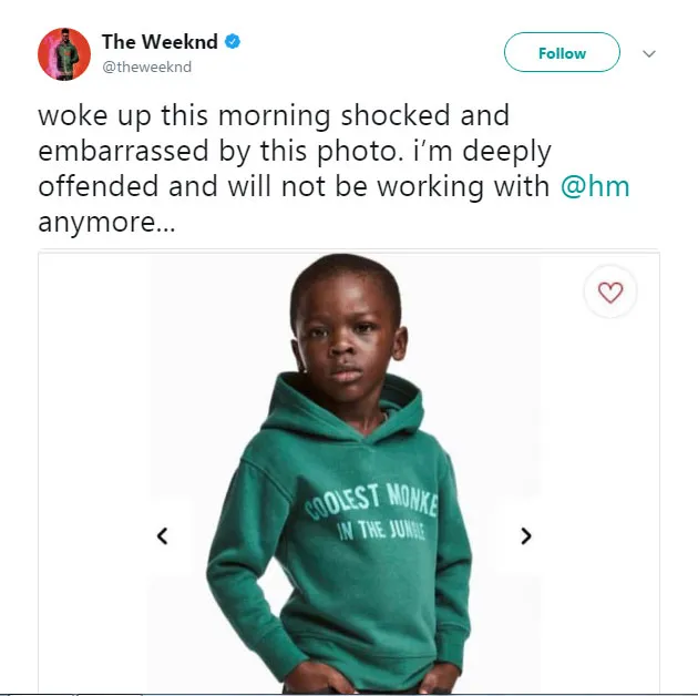 The Weeknd mengungkapkan kekecewaannya pada H&M karena merilis produk yang dianggap rasis. © Twtter/theweeknd