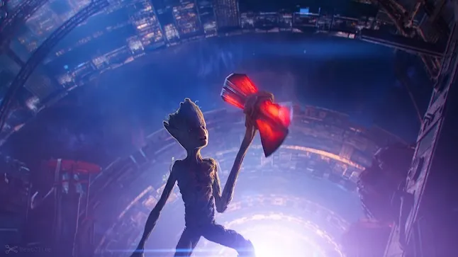 Groot merelakan tangannya menjadi tongkat Stormbreaker, senjata pamungkas Thor.