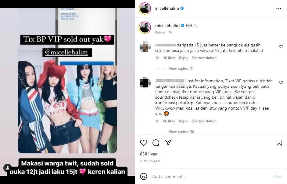 selebgram Michelle Halim jual tiket konser BLACKPINK 15 juta (credit: instagram.com/micellehalim)