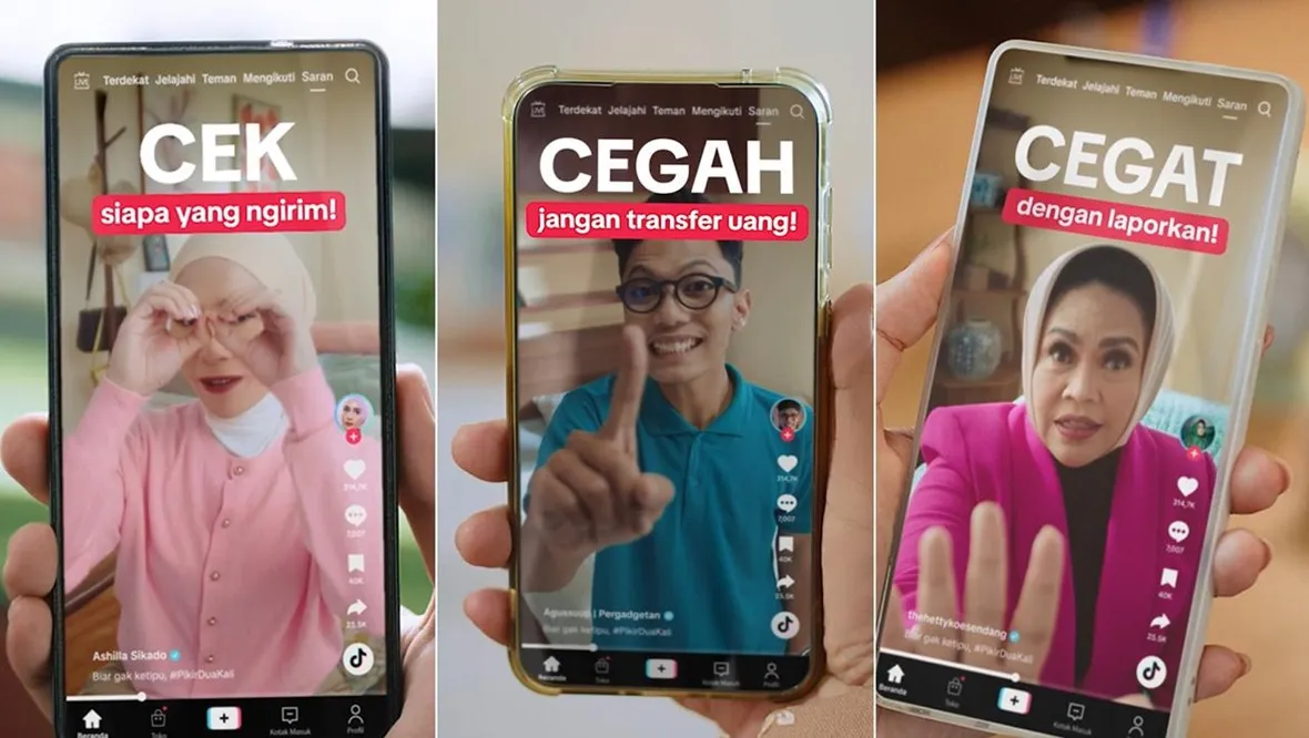 Bunda Hetty, Ashilla, dan Agus Supriadi ingatkan masyarakat untuk selalu pikir dua kali terhadap penipuan online. (c) TikTok Indonesia