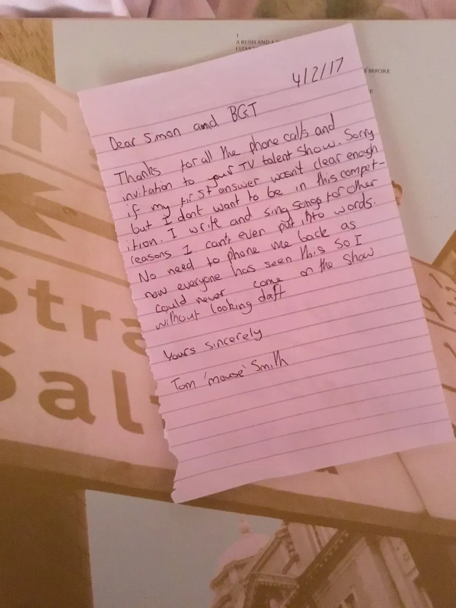 Lewat sepucuk surat terbuka yang diunggah ke Twitter, Tom Mouse Smith menolak tawaran Simon Cowell untuk tampil di Britain's Got Talent © twitter.com/TomMouseSmith