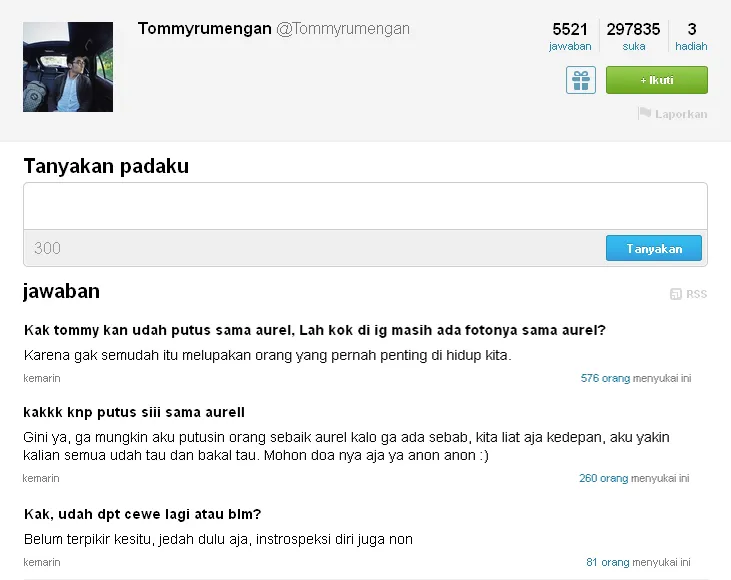Curhatan Tommy tentang hubungannya dengan Aurel / © Ask.fm
