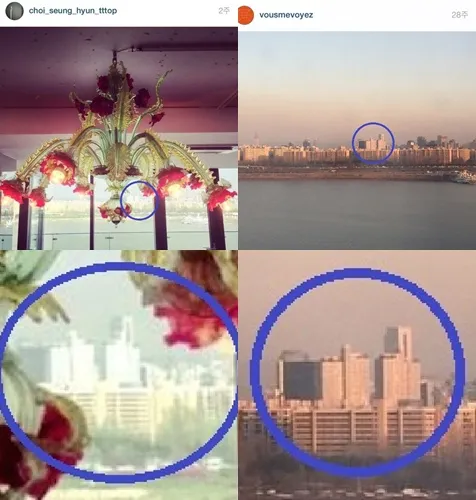 Postingan foto T.O.P Big Bang dan Krystal f(x) yang menampilkan pemandangan gedung yang sama. ©instiz.net