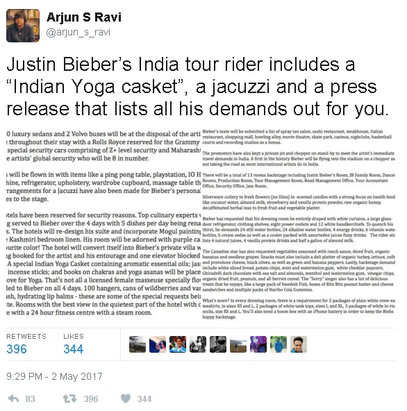 Arjun S Ravi mem-posting tour rider untuk penampilan Justin Bieber di India © twitter.com/arjun_s_ravi