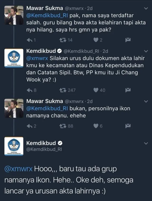 Beberapa saat lalu terjadi percakapan tentang K-pop antara admin twitter Kemdikbud dengan seorang pengguna Twitter, percakapan ini jadi viral lho! © twitter.com/Kemdikbud_RI