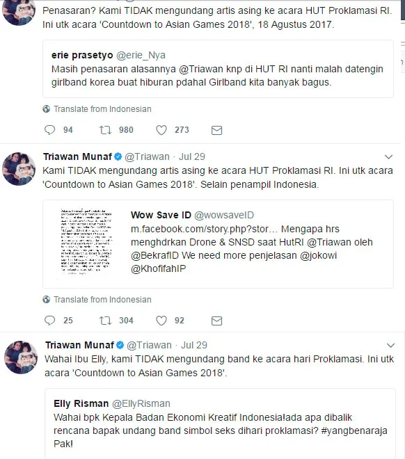 Triawan Munaf menjawab pertanyaan netizen soal diundangnya SNSD ke Indonesia. © Twitter/Triawan Munaf?