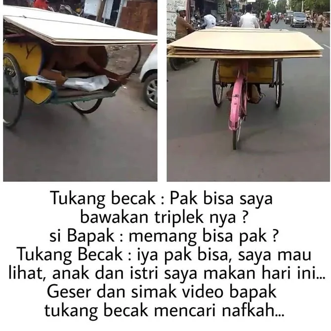 Cara bapak bawakan triplek dengan becaknya (credit: instagram.com/makassar_iinfo)