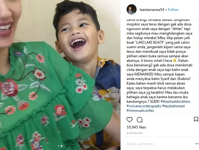 Selain Vonny, Tsania juga tulis pesan untuk Atalarik Syach. /©instagram.com/tsaniamarwa54