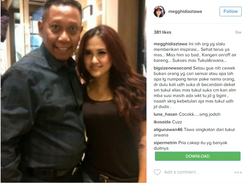 Tukul Arwana dengan pedangdut Meggie Diaz. ©instagram.com/megghidiaztawa