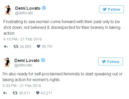Demi dukung Kesha dan siap jadi feminis/©twitter.com/ddlovato