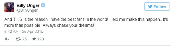 Tweet Billy Unger yang meminta dukungan followersnya/©twitter.com/billyunger