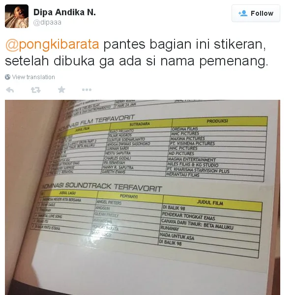 Buku nominasi yang ditempeli stiker hanya pada bagian nominasi Soundtrack Terfavorit/©twitter.com/@dipaaa