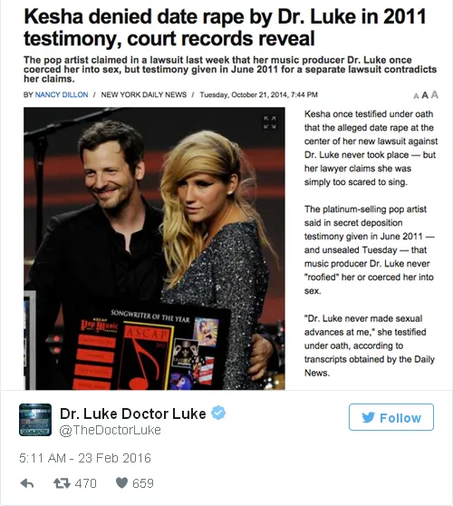 Dr Luke beri bukti bahwa Kesha pernah menolak tudingan bahwa ia pernah diperkosa produsernya sendiri/©twitter.com/thedoctorluke