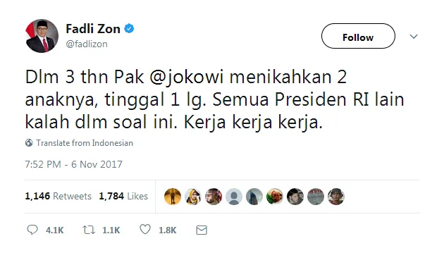 'Sindiran' Fadly untuk pernikahan Kahiyang - Bobby © Twitter/Fadli Zon