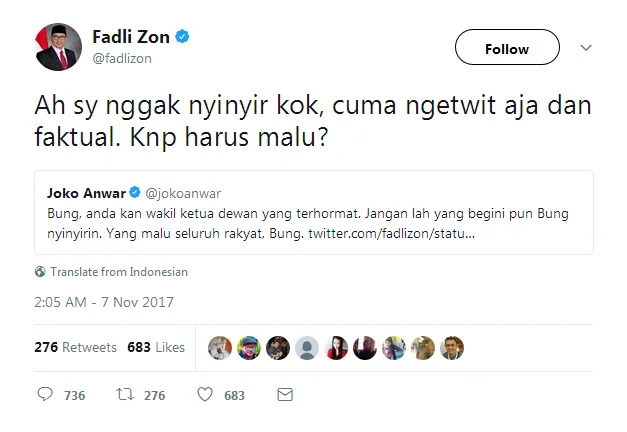Fadly balasi komentar Joko dengan santai © Twitter/fadlizon