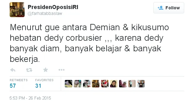 Tweet Farhat Abbas mengomentari kasus Demian Vs Ki Kusumo/©twitter.com/@PresidenOposisiRI