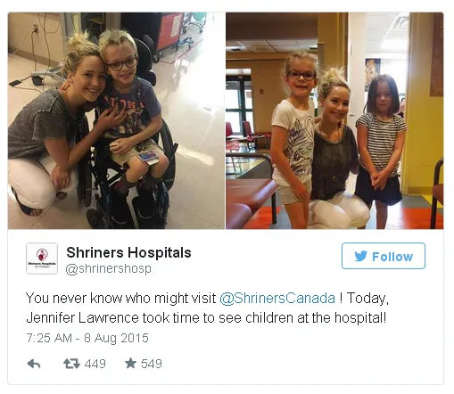 J-Law pilih lakukan aksi mulia dengan mengunjungi anak-anak di RS Shriners/©ew.com