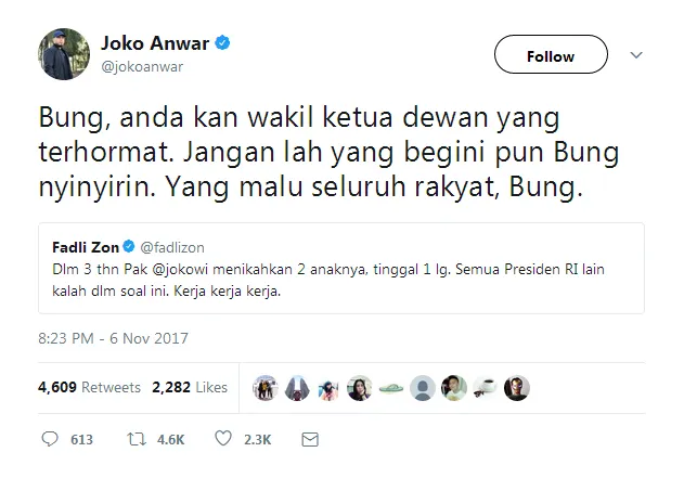 Balasan Joko Anwar untuk tweet Fadli © Twitter/jokoanwar