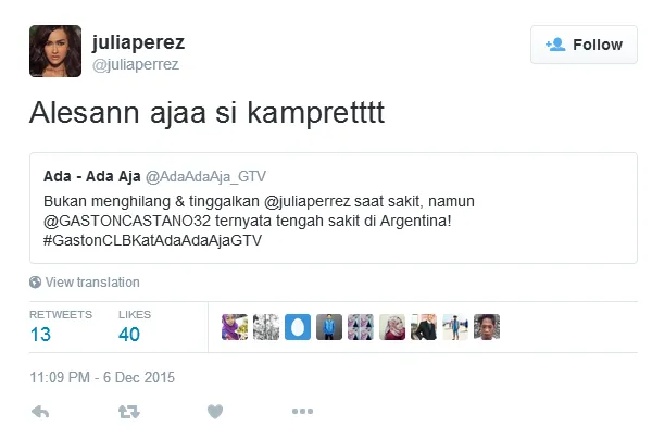 Gaston mengaku sakit, Jupe bilang ia hanya banyak alasan/©twitter.com/juliaperrez