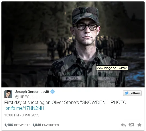 Foto Joseph Gordon-Levitt di set film SNOWDEN/©twitter.com/HitRECordJoe