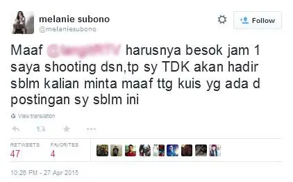Dengan keras Melanie Subono menyatakan tidak akan hadir pada acara Televisi itu sebelum ada pernyataan maaf ©twitter.com/melaniesubono