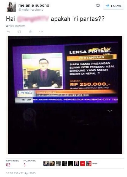 Ungkapan kecewa Melanie Subono terhadap salah satu program kuis Televisi ©twitter.com/melaniesubono