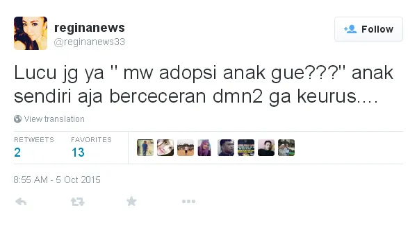 Tweet Regina yang sindir kelakuan sang mantan/©twitter.com/reginanews22