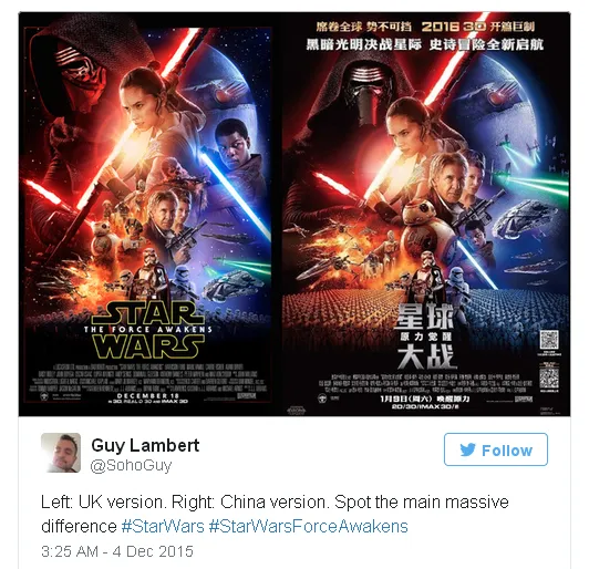 Perbedaan besar poster Star Wars UK dan Cina/©twitter.com/sohoguy