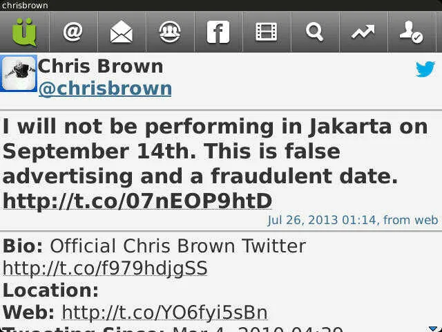 Tweet Chris Brown yang membantah bakal tampil di Indonesia. @chrisbrown