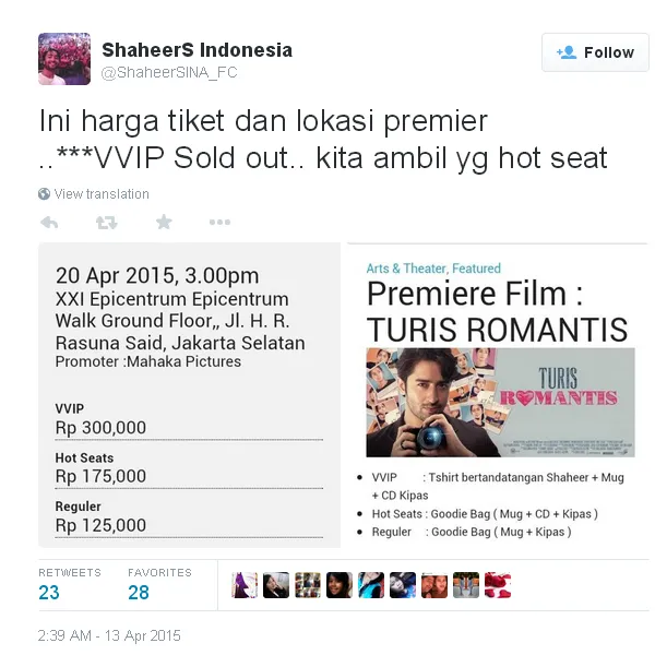 Tiket VVIP TURIS ROMANTIS ludes!/©twitter.com/@ShaheerSINA_FC