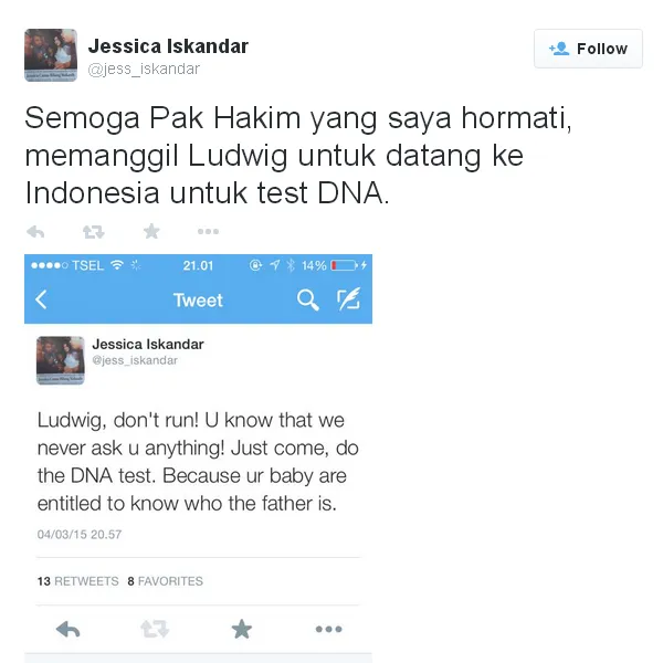 Tweet Jedar yang meminta Ludwig untuk tes DNA/©twitter.com/jess_iskandar