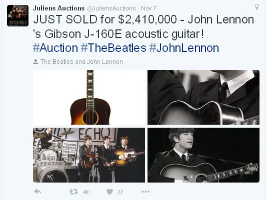 Rumah lelang yang menjual gitar legendaris John Lennon membagikan sebuah informasi bahwa barang langka tersebut berhasil terjual © Twitter.com/JuliensAuctions
