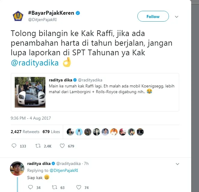 Pesan Ditjen Pajak untuk Raffi Ahmad. ©twitter @radityadika