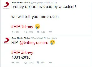Britney dikabarkan meninggal dunia @ Twitter.com/SonyMusicGlobal