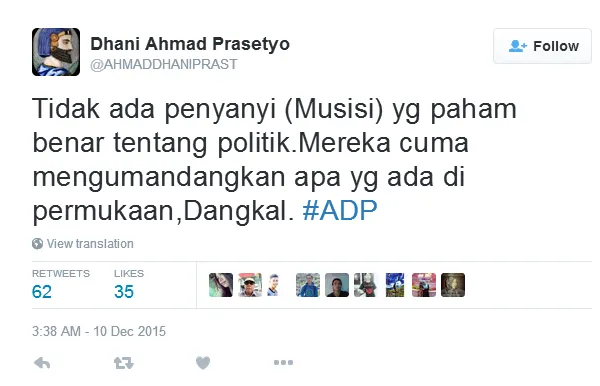 Tweet Ahmad Dhani sindiri musisi yang jadi politisi/©twitter.com/AhmadDhaniPrast